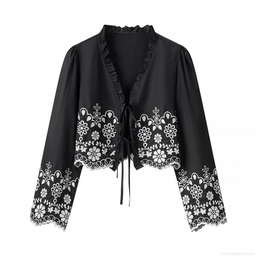Women's Ruffle Neck Lace-up Blouse Polyester Embroidery Hollow Out Short Top Vintage Streetwear Summer Long Sleeve Shirt Black Scalloped Trim Top
