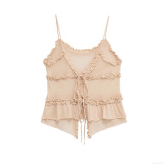 Women's Ruffle Knit Camisole V-Neck Tie-Front Sleeveless Top Chic Apricot Summer Tank Top for Women Street Style Lightweight Breathable Crop Top