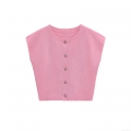 Women's Ribbed Knit Sleeveless Cardigan Tank Top With Heart Shape Metal Buttons Round Neck Solid Peach Pink Slim Fit Summer Streetwear Vest For Women Fashion