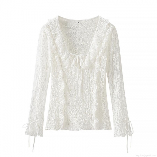Elegant V-Neck Lace Ruffle Long Sleeve Blouse With Tie Detail White Hollow Out Flower Embroidery Shirt For Women Party Date Women's Clothing