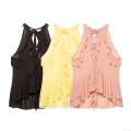 Women Halterneck Ruffle Sleeveless Tank Top Tiered Chiffon Style Cami Solid Color Backless Sexy Layered Vest Top Summer Streetwear For Women