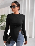 Women's Ribbed Knit T-Shirt Viscose Blend Slim Fit Long Sleeve Irregular Hem Round Neck Solid Color Autumn Winter Casual Fashion Tee