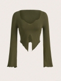 Women's Sexy Rib Knit T-Shirt Slim Fit Long Sleeve Asymmetric Hem Flare Sleeve V-Neck Crop Top Solid Color Polyester Pullover Streetwear Autumn Winter Top