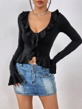 Women's Slim Fit Ruffle V-Neck Long Sleeve T-Shirt Viscose Elastane Blend Bell Sleeve Cropped Top Y2K Style Casual Solid Color Streetwear Tee