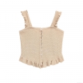 Western Style Women's Knitted Camisole With Ruffle Straps Single-Breasted Elegant Apricot Sleeveless Crochet Tank Top For Spring Summer Casual Wear
