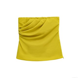 Sexy Backless Bandeau Crop Top 100% Polyester Pleated Lime Yellow Summer Street Style Top For Women Party Nightclub Dating