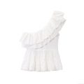 Women's One Shoulder Embroidery Eyelet T-Shirt Top Sexy Ruffle Asymmetric Sleeveless Lace Polyester Shirt Summer Beach Party Streetwear Blouse