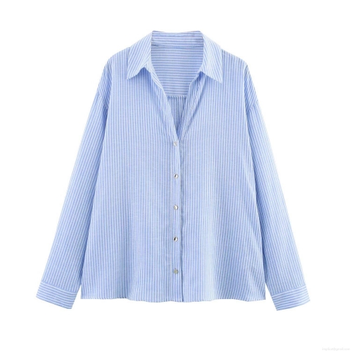 Women's Linen Blend Striped Shirt Long Sleeve Lapel Loose Fit Button Down Blouse Top Casual Streetwear 2025 Summer Fashion Female Clothing
