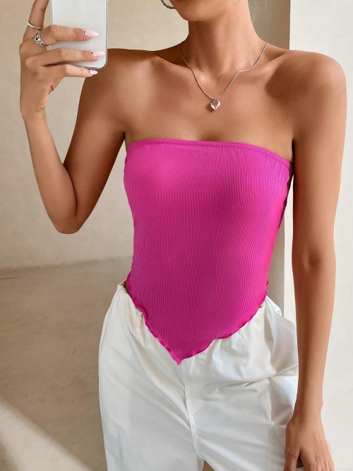 Women's Sexy Strapless Ribbed Tube Top Handkerchief Hem Irregular Triangular Trim Slim Fit Summer Party Clubwear Hot Pink Tank Top Women's Sexy Strapless Ribbed Tube Top Handkerchief Hem Irregular Triangular Trim Slim Fit Summer Party Clubwear Hot Pink Tank Top