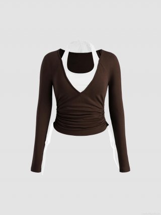 Women's Slim Fit Ribbed Knit Long Sleeve T-Shirt With Halter Neck Patchwork Contrast Color Drawstring Ruched Top Casual Elegant Tee