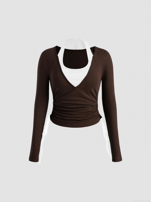 Women's Slim Fit Ribbed Knit Long Sleeve T-Shirt With Halter Neck Patchwork Contrast Color Drawstring Ruched Top Casual Elegant Tee