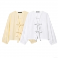 Women's Elegant V Neck Long Sleeve Bow Tie Front Blouse Lightweight Polyester Woven Shirt Western Streetwear Casual Top For Summer Daily Fashion Ladies Outfits