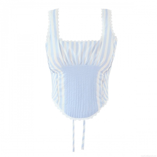 Women Vintage Blue White Striped Cami Top Cotton Polyester Slim Fit Tank Top With Lace Trim Back Lacing Pleated Bust Summer Sleeveless Crop Top For Women