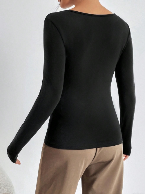 Women Long Sleeve T-Shirt Sexy Slim Fit Heart Neck Criss Cross Straps Ruched Chest Top Polyester Spandex Blend Hollow Out Pullover Base Shirt For Daily Party Dating
