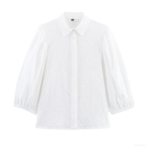 Women's White Broderie Anglaise Hollow Out Embroidery Shirt Lapel Button Down Cotton Blend 3/4 Sleeve Blouse Casual Summer Top For Women