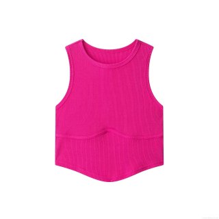 Women Sexy Rose Red Ribbed Knit Tank Top Sleeveless Round Neck Slim Fit Cropped Camisole Inverted V-Hem Streetwear Summer Top