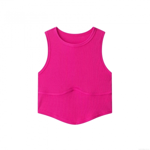Women Sexy Rose Red Ribbed Knit Tank Top Sleeveless Round Neck Slim Fit Cropped Camisole Inverted V-Hem Streetwear Summer Top