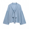 Women's Casual Mercerized Cotton Knit Blouse With V Neck Bow Tie Up Loose Fit Long Sleeve Top For Summer Fashion Streetwear