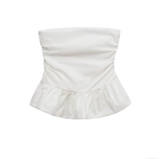 Women's Sexy Strapless Tube Top Summer Ruffle Hem Ruched Slim Fit Polyester Blend Crop Top For Vacation Streetwear Party White