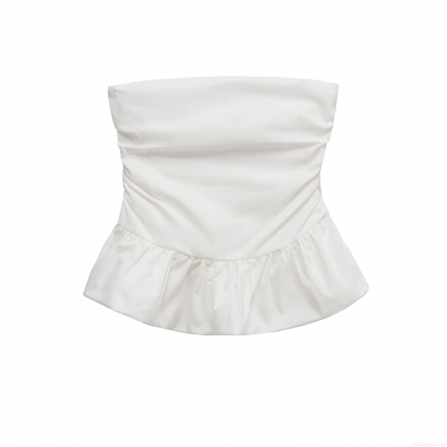 Women's Sexy Strapless Tube Top Summer Ruffle Hem Ruched Slim Fit Polyester Blend Crop Top For Vacation Streetwear Party White