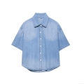 Women's Fashion Short Sleeve Denim Blouse Turn-down Collar Single Breasted Polyester Shirt Casual Summer Streetwear Short Length Crop Top For Women
