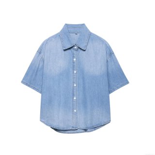 Women's Fashion Short Sleeve Denim Blouse Turn-down Collar Single Breasted Polyester Shirt Casual Summer Streetwear Short Length Crop Top For Women
