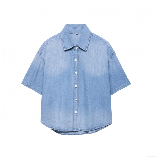 Women's Fashion Short Sleeve Denim Blouse Turn-down Collar Single Breasted Polyester Shirt Casual Summer Streetwear Short Length Crop Top For Women