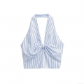 Women's Summer Halter Tank Top Striped Backless Shirred Smocking V-Neck Knot Detail Sexy Slim Fit Sleeveless Cropped Polyester Top For Vacation Party