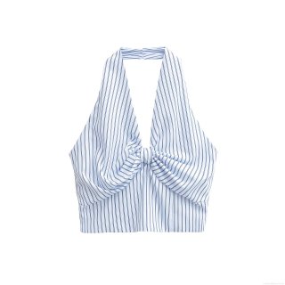 Women's Summer Halter Tank Top Striped Backless Shirred Smocking V-Neck Knot Detail Sexy Slim Fit Sleeveless Cropped Polyester Top For Vacation Party