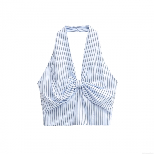 Women's Summer Halter Tank Top Striped Backless Shirred Smocking V-Neck Knot Detail Sexy Slim Fit Sleeveless Cropped Polyester Top For Vacation Party