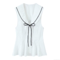 Women's Sleeveless Sailor Collar Blouse Contrast Trim Bow Tie Front Top Preppy Style Casual Streetwear Polyester Shirt For Summer
