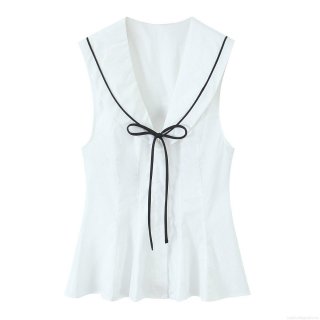 Women's Sleeveless Sailor Collar Blouse Contrast Trim Bow Tie Front Top Preppy Style Casual Streetwear Polyester Shirt For Summer