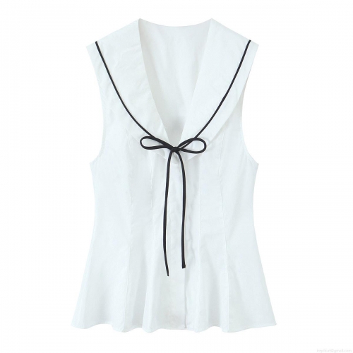 Women's Sleeveless Sailor Collar Blouse Contrast Trim Bow Tie Front Top Preppy Style Casual Streetwear Polyester Shirt For Summer