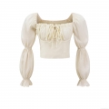 Women's Sexy Crop Top Polyester Crinkle Fabric Off Shoulder Square Neck Backless Smocked Drawstring Tie Up For Summer Party Street Fashion Bubble Lantern Sleeve Women Beige Blouse