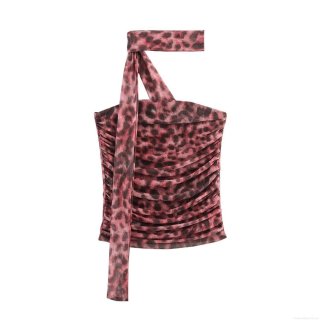 Sexy Leopard Print Ruched Tube Top With Halter Neck Scarf Women Polyester Mesh Backless Streetwear Summer Vest Top