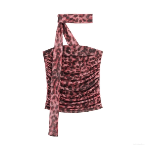Sexy Leopard Print Ruched Tube Top With Halter Neck Scarf Women Polyester Mesh Backless Streetwear Summer Vest Top