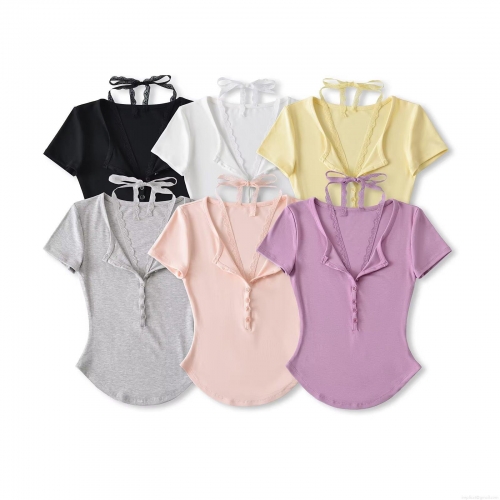 Women's V-Neck Lace T-Shirt Button Front Back Tie Short Sleeve Slim Fit Ribbed Knit Viscose Elastane Top Sexy Elegant Casual Summer Streetwear Tee