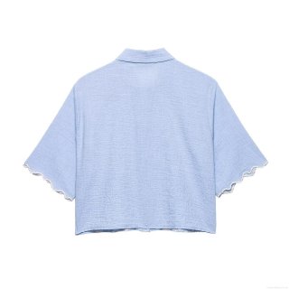 Women Short Sleeve Shirt Floral Embroidery Scalloped Edge Polyester Seersucker Casual European Street Style Lapel Button Down Blouse Top Women Clothing