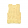 Women's Boho Crochet Tassel Knit Tank Top Hollow Out Sleeveless Round Neck Fringe Hem Polyester Knitwear Top Streetwear Summer Vest For Women