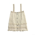 Women Summer Knit Mesh Hollow Out Crochet Camisole 100% Cotton Lace Trim Button Front Strap Top For Vacation Casual Streetwear Sleeveless Tank Top
