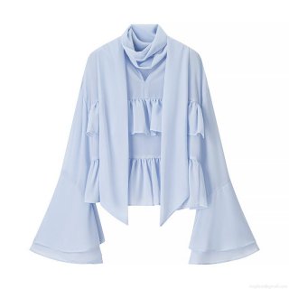 Women's Pussy Bow Chiffon Blouse Elegant Ruffle Long Flared Sleeve Solid Color Pullover Top Streetwear Casual Shirt