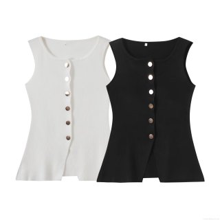 Women's Knitted Vest Tank Top Round Neck Sleeveless Ribbed Knit Button Down Slim Fit Camisole Casual Streetwear Top For Women