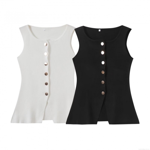 Women's Knitted Vest Tank Top Round Neck Sleeveless Ribbed Knit Button Down Slim Fit Camisole Casual Streetwear Top For Women