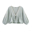 Women's V Neck Lantern Sleeve Embroidery Blouse Cotton Blend Tie Front Lace Trim Ruffle Hem Casual Shirt Summer Streetwear Tops