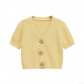 Women's V-Neck Mercerized Cotton Knit T-Shirt Starfish Button Detail Short Sleeve Slim Fit Cropped Cardigan Top For Summer