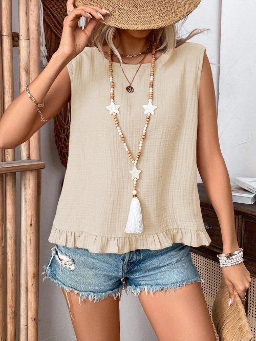 Women's 100% Cotton Ruffle Sleeveless Top Summer Casual Open Back Peplum Tank Top Wrinkled Texture Bohemian Pastoral Style For Beach