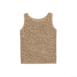 Women's Hollow Knit Sequin Tank Top Sexy Sleeveless Round Neck Crochet Vest Top For Summer Beach Party Street Style Camel Knitwear