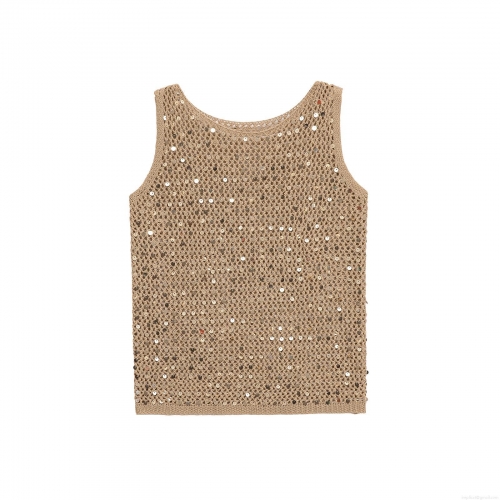 Women's Hollow Knit Sequin Tank Top Sexy Sleeveless Round Neck Crochet Vest Top For Summer Beach Party Street Style Camel Knitwear