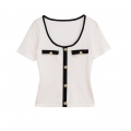 Women's Mercerized Cotton Knit T-Shirt Contrast Trim Gold Button Round Neck Short Sleeve Top Elegant Summer Casual Chic Streetwear Tee For Lady