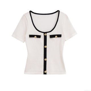 Women's Mercerized Cotton Knit T-Shirt Contrast Trim Gold Button Round Neck Short Sleeve Top Elegant Summer Casual Chic Streetwear Tee For Lady